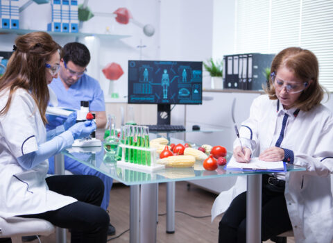Middle age female scientist making notes after a product test on strawberries